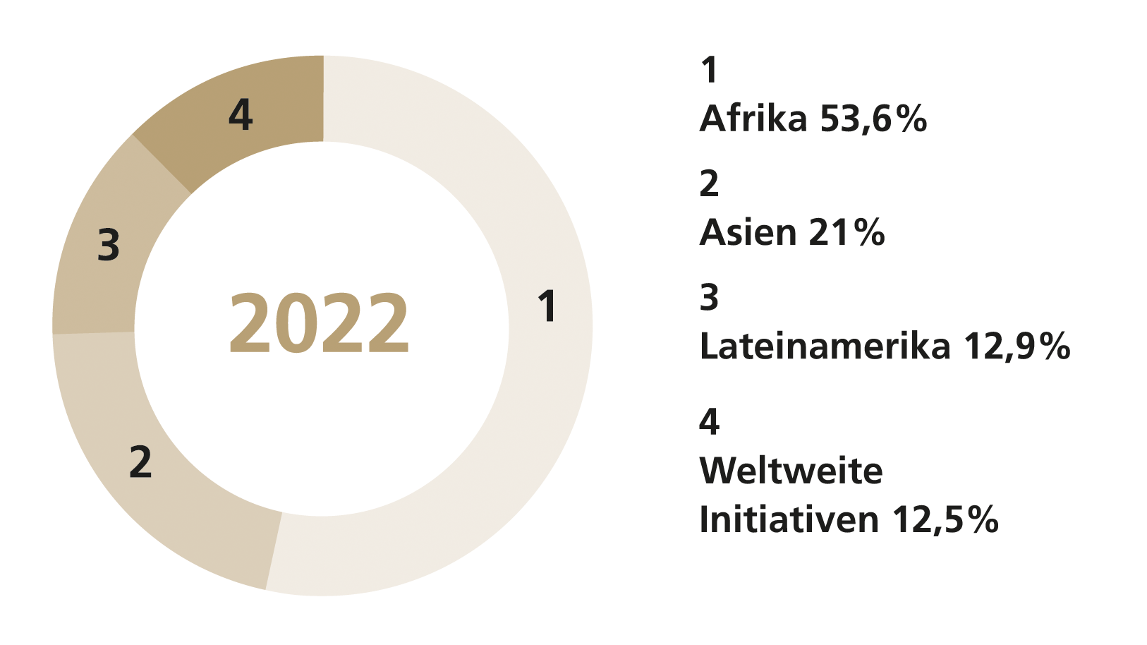 Die Grafik zeigt, wie die CBM die Mittel auf die Kontinente aufteilt: 53% in Afrika, 21% in Asien, 11.9% in Lateinamerika und 12,5% in weltweite Initativen. 