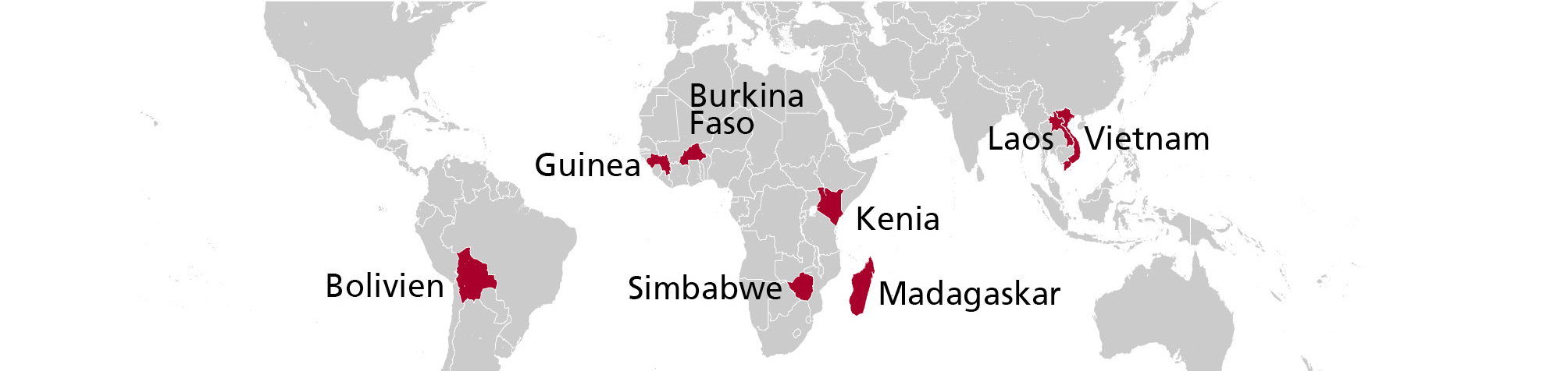 Wo die CBM augenmedizinisch hilft: Bolivien, Burkina Faso, Guinea, Kenia, Madagaskar, Simbabwe, Laos, Vietnam.
