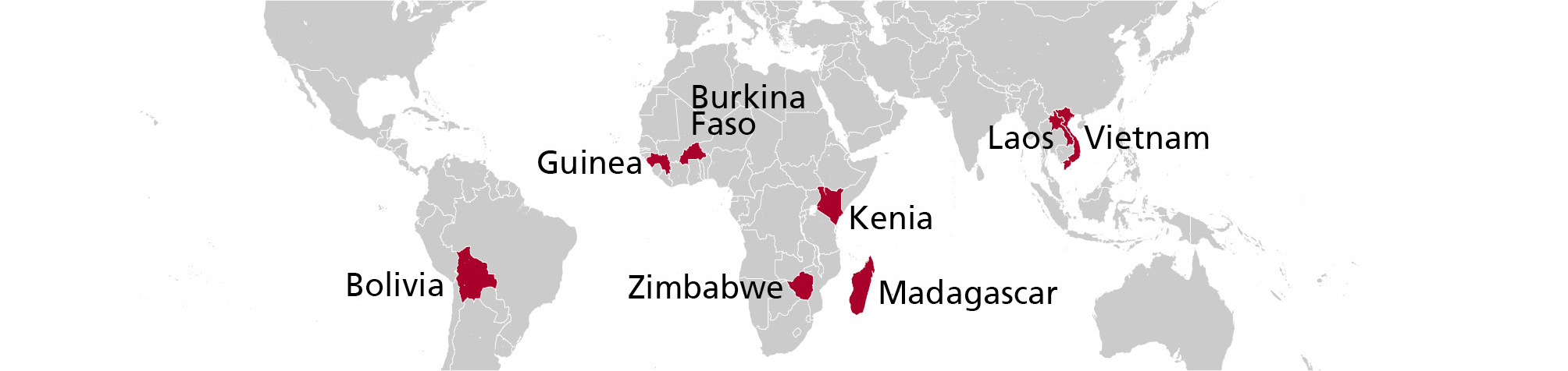 Dove la CBM fornisce cure oculistiche: Bolivia, Burkina Faso, Guinea, Kenya, Madagascar, Zimbabwe, Laos, Vietnam.