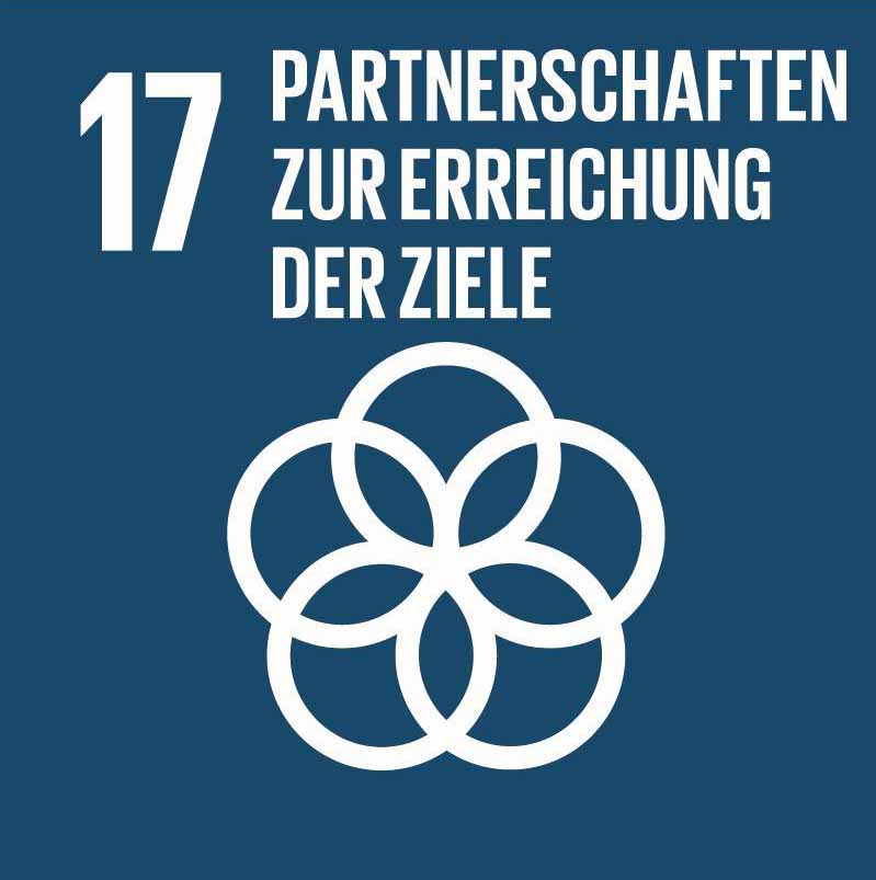 Blaues Quadrat mit Aufschrift «17 Partnerschaften zur Erreichung der Ziele», Nachhaltigkeitsziel 17