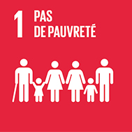 Carré rouge pour l'ODD 1. Pictogramme représentant des adultes et des enfants, avec le titre «1 Pas de pauvreté».