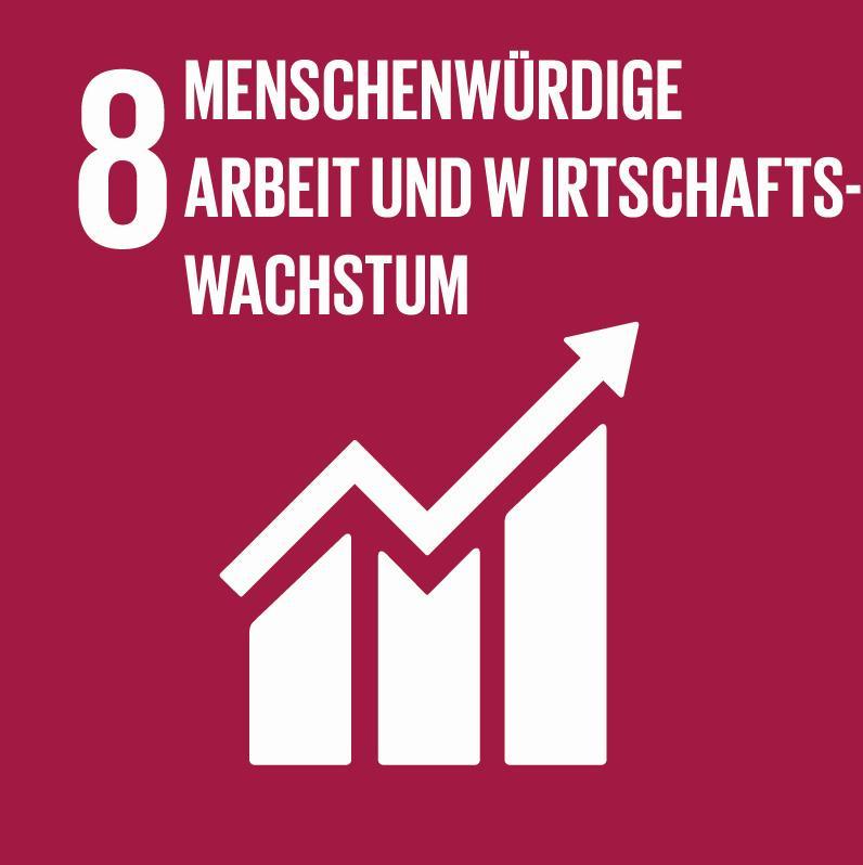 Weinrotes Quadrat mit Aufschrift «8 Menschenwürdige Arbeit und Wirtschaftswachstum», Nachhaltigkeitsziel 8