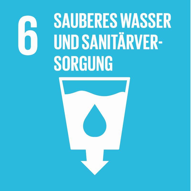 Blaues Quadrat mit Aufschrift «6 Sauberes Wasser und Sanitärversorgung», Nachhaltigkeitsziel 6