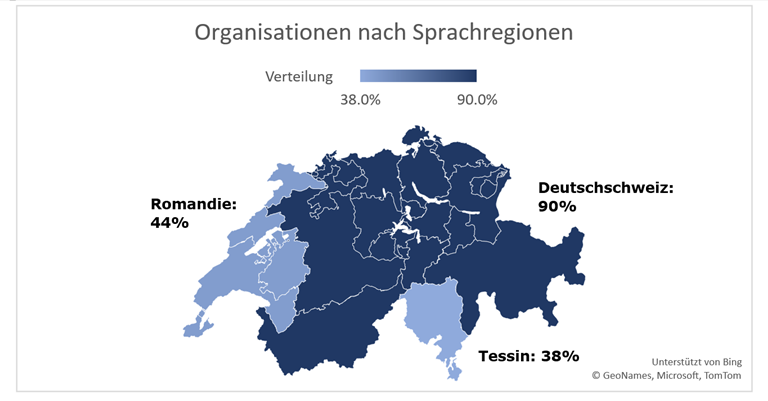 Kartendiagramm der Schweiz, welches die Verteilung der Organisationen in die drei Sprachregionen zeigt.