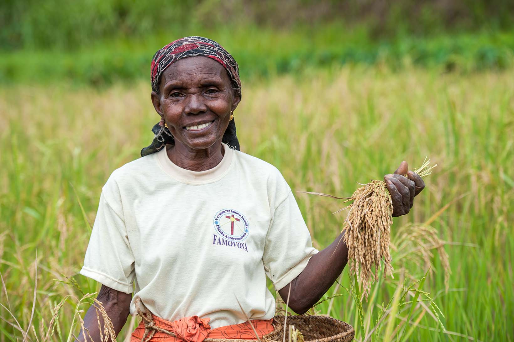 Eine entspannt lächelnde, ältere Dame aus Madagaskar steht im erntereifen Reisfeld. 